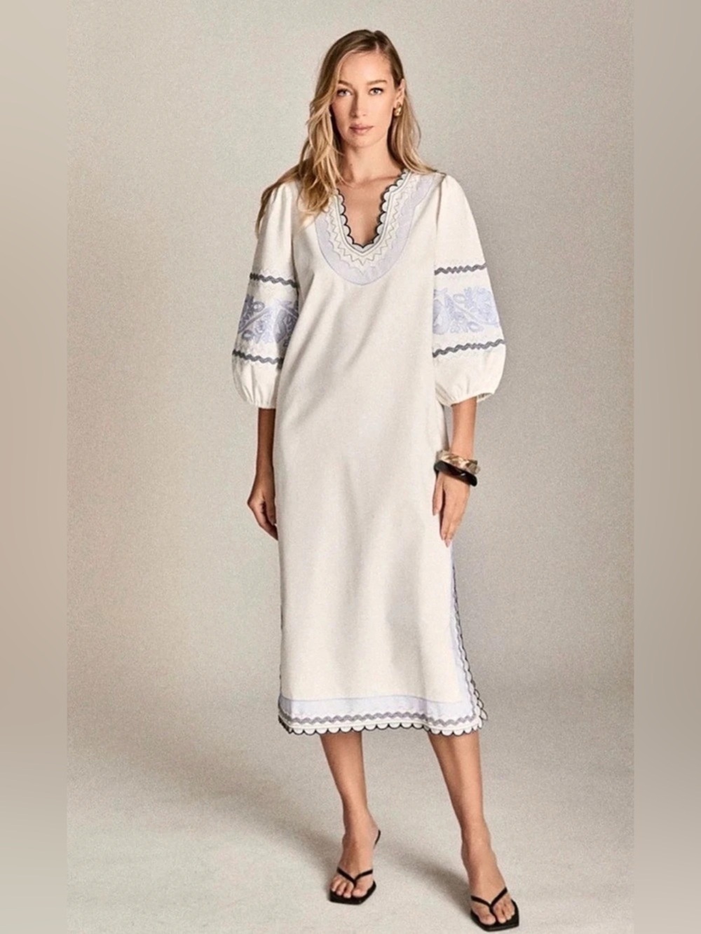 English Factory The Scallop Stitch Midi Dress White & Blue Size Large